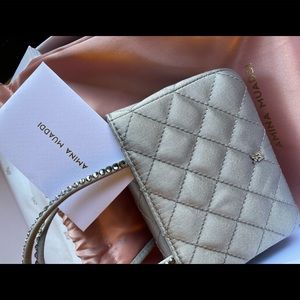 Brand new Amina muaddi superamini Betty satin grey with black diamonds crystals